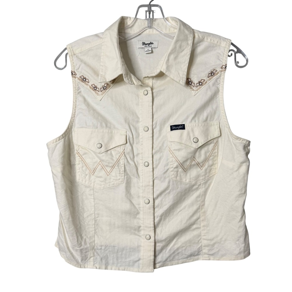 Wrangler Retro Sleeveless Western Shirt Womens Medium Cream Embroidered Snaps